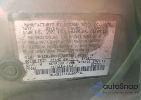 2001 Nissan Sentra Xe z USA, uszkodzony, nr VIN 3N1CB51DX1L522731